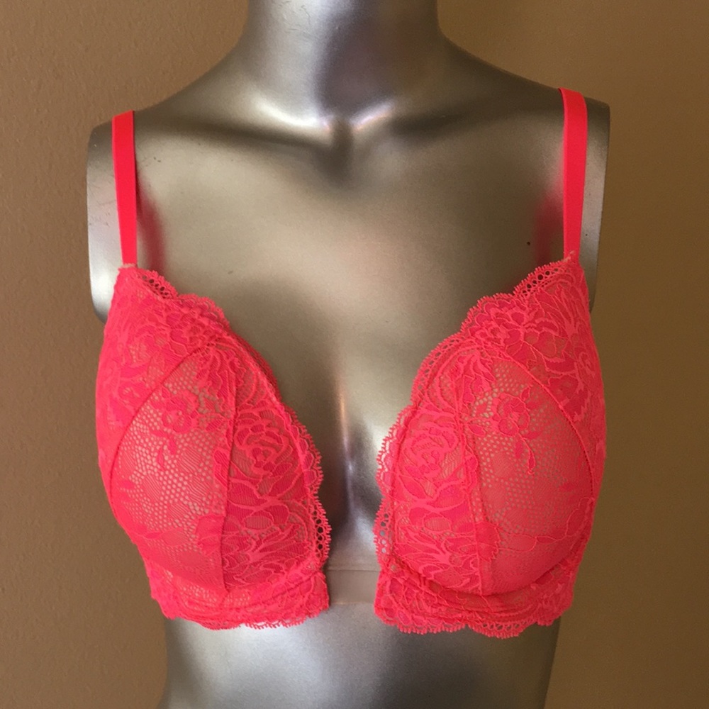 Victoria's Secret Hot Coral Pink Lace Push-Up Bra With Clear Center Strap